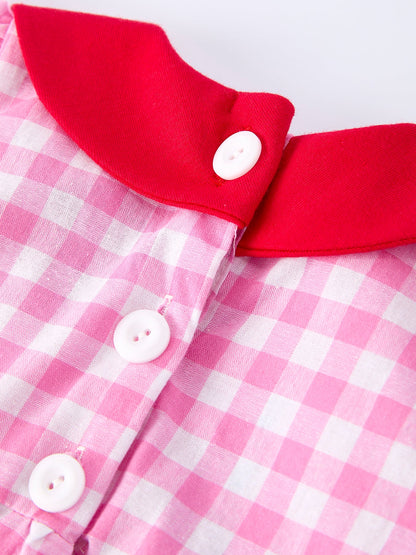 Valentine Pink Plaid Bubble Romper with Red Hearts and Bows