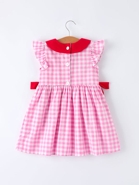Valentine Pink Plaid Girls Dress with Red Hearts and Bows