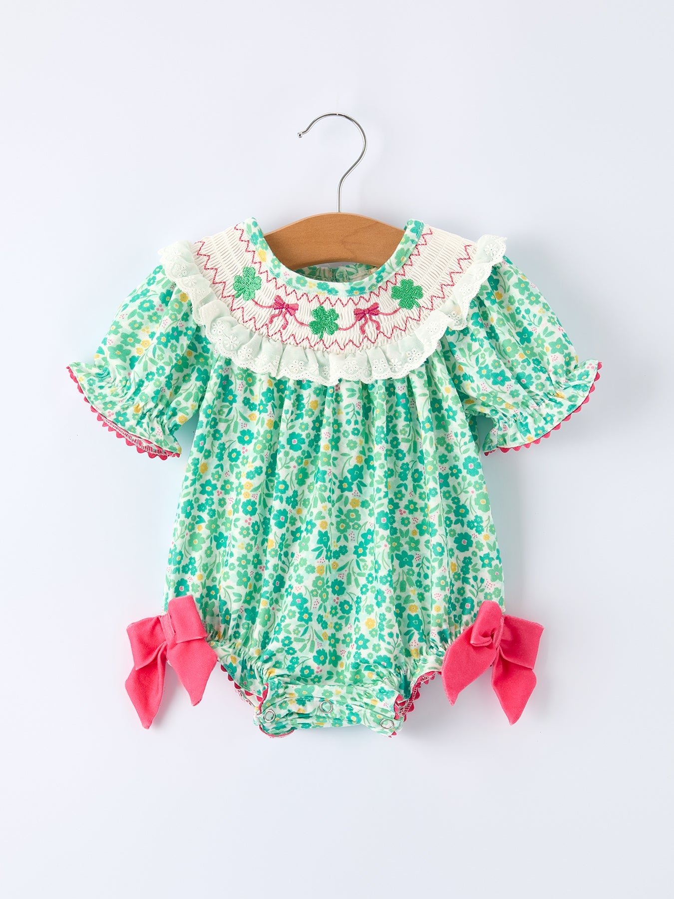 St. Patrick’s Day Shamrock Bow Smocked Baby Girl Romper