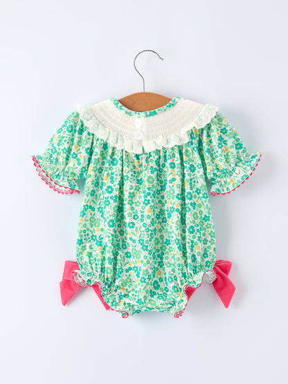 St. Patrick’s Day Shamrock Bow Smocked Baby Girl Romper