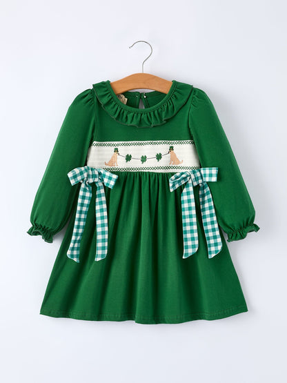 Girls St. Patrick’s Day Shamrock Puppy Smocked Dress