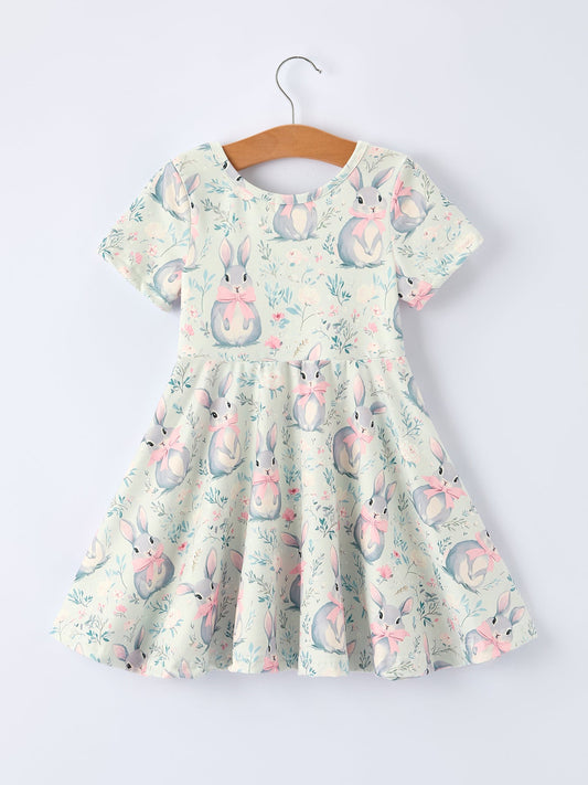Easter Bunny Bow Print Twirl Short Sleeve Dress