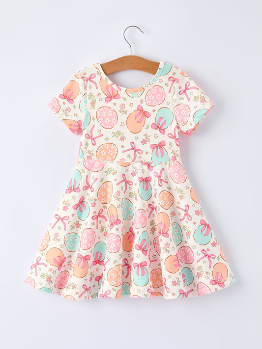 Easter Egg Bow Print Girls Short Sleeve Dress