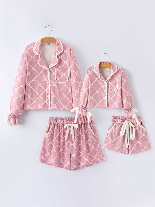 Mommy & me Autumn Check Bow Girls Lapel Pajamas