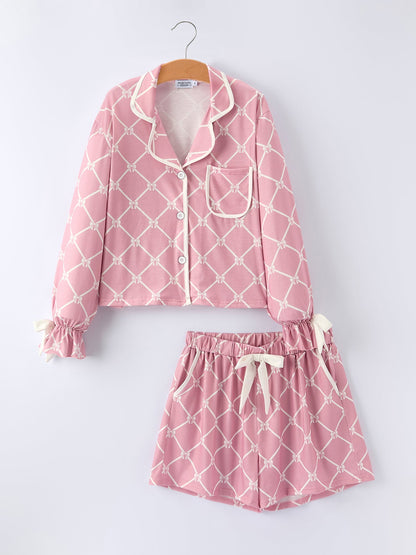 Mommy & me Autumn Check Bow Girls Lapel Pajamas