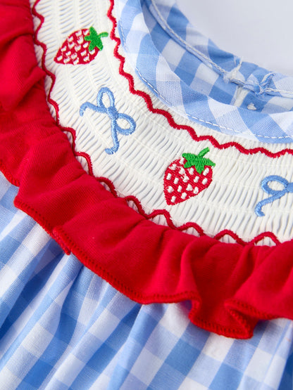 Baby Girls Summer Strawberry Bow Embroidered Smocked Romper