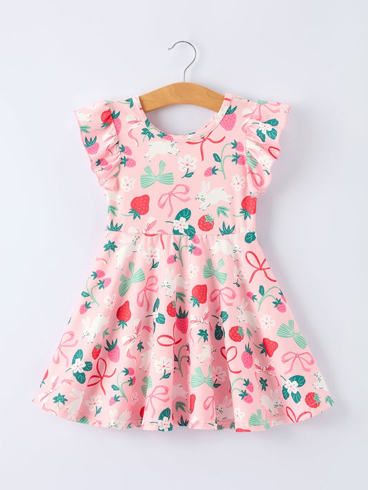 Easter Strawberry Bunny Bow Print Girls' Dress