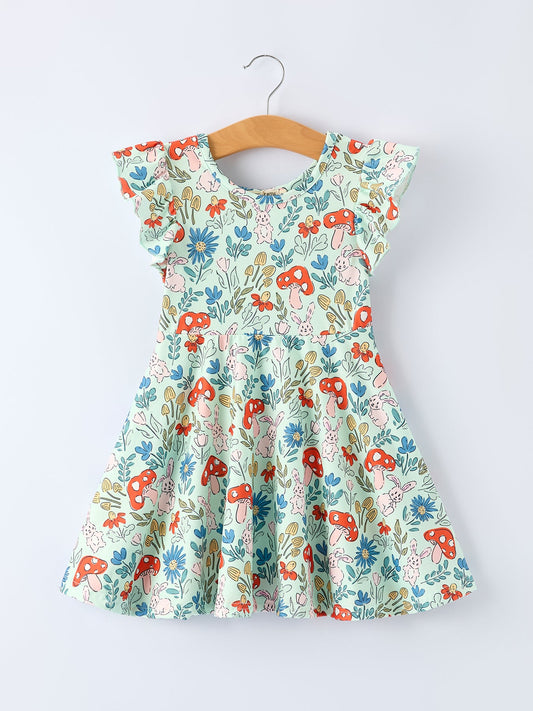 Easter Bunny and Mushroom Print Girls' Dress