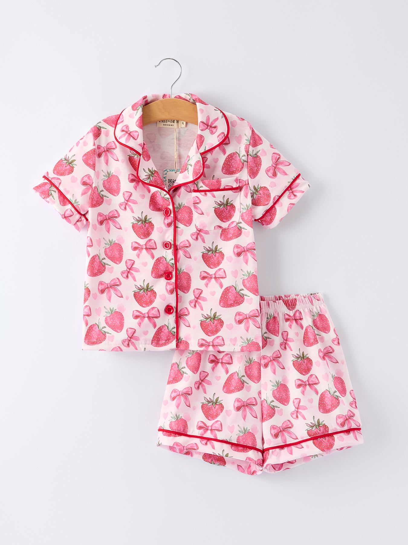 Spring Strawberry Bow Short Sleeve Shorts Pajama Set