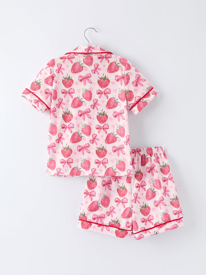 Spring Strawberry Bow Short Sleeve Shorts Pajama Set