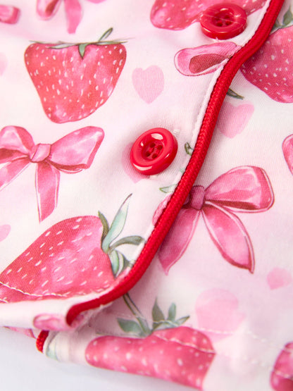Spring Strawberry Bow Short Sleeve Shorts Pajama Set