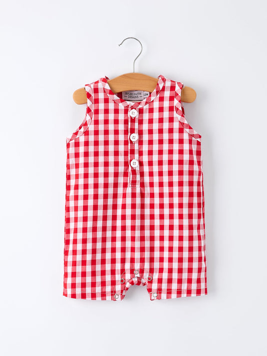 Summer Plaid Smocked Ruffle Boys Romper Sibling Outfits