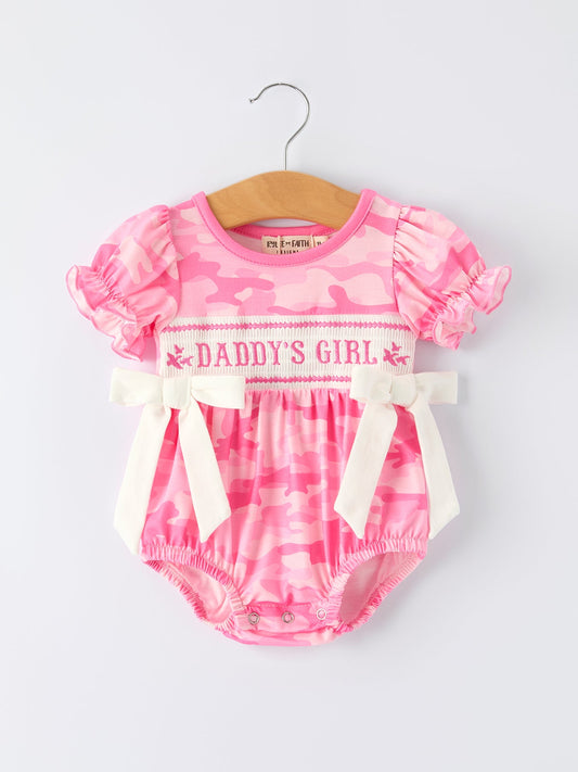 Camouflage "DADDY'S GIRL" Smocking Embroidery Girls Romper