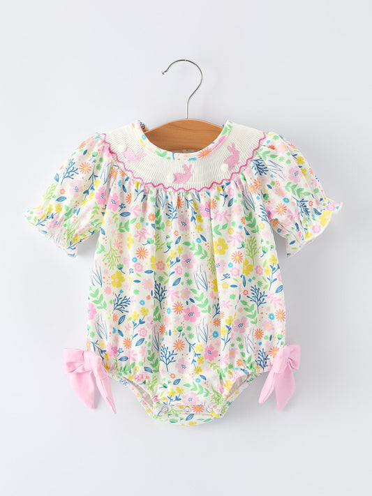 Easter Bunny Embroidered Pom-Pom Short-Sleeved  Girls Romper
