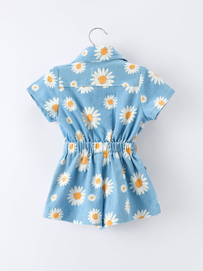 Spring Daisy Print Girls Blue Jumpsuit