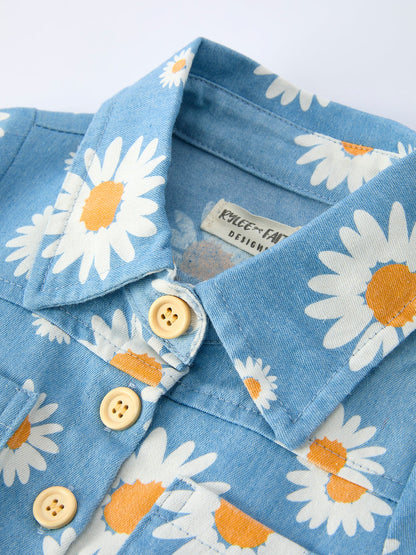 Spring Daisy Print Girls Blue Jumpsuit
