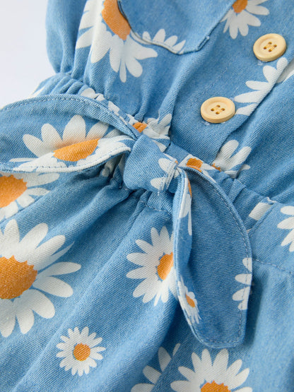 Spring Daisy Print Girls Blue Jumpsuit