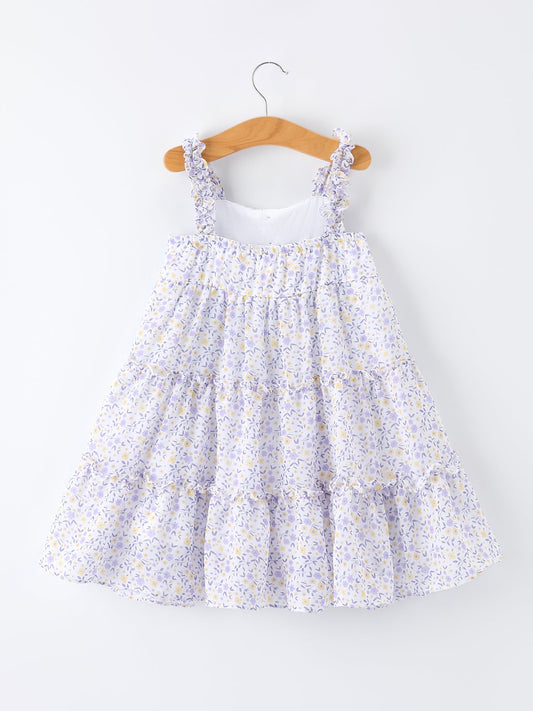 Spring Floral Girls Ruffle Bow Spaghetti Strap Dress