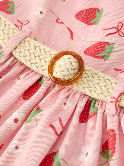 Girls Spring Short-sleeved top + Strawberry Print Overall Dress Set