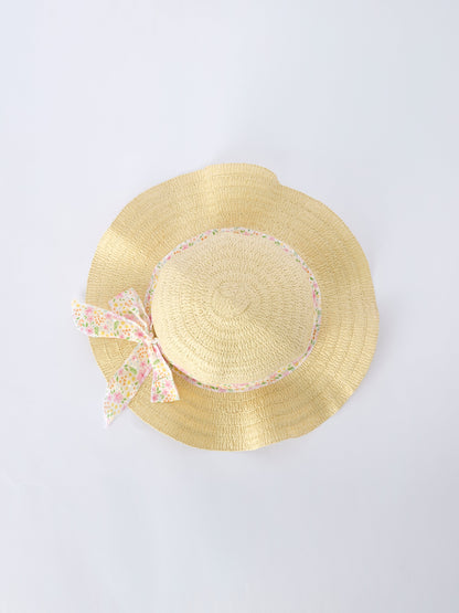 Spring Floral Girls Ruffle Dress With Bow Straw Hat Set