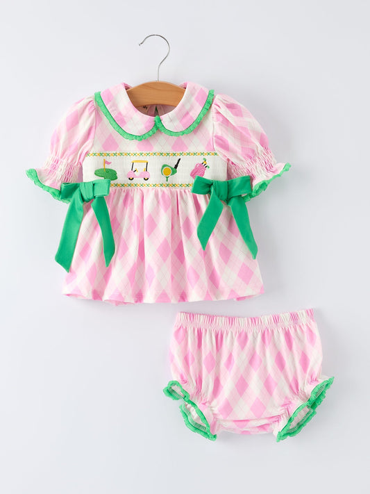 Spring Golf Embroidered Baby Girls Smocked Bow Bloomer Set