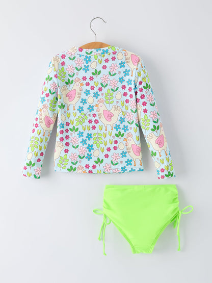 Summer Chicken Print Girls Long Sleeve Swim Set
