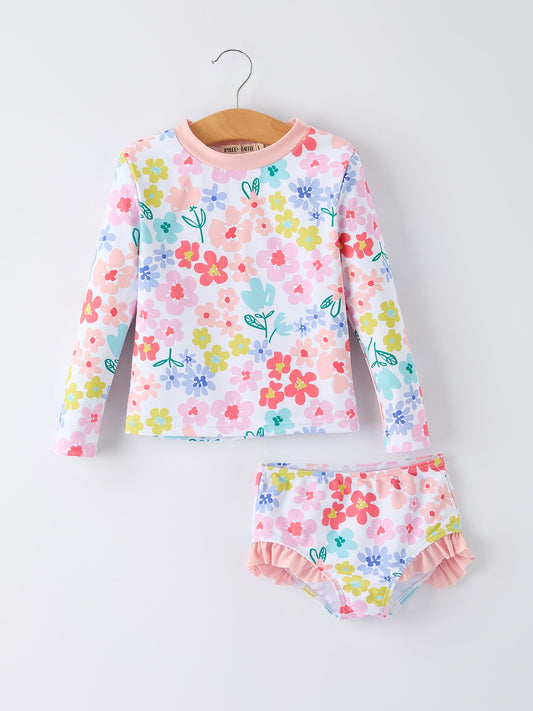 Summer Floral Girls Long Sleeve Swim Set