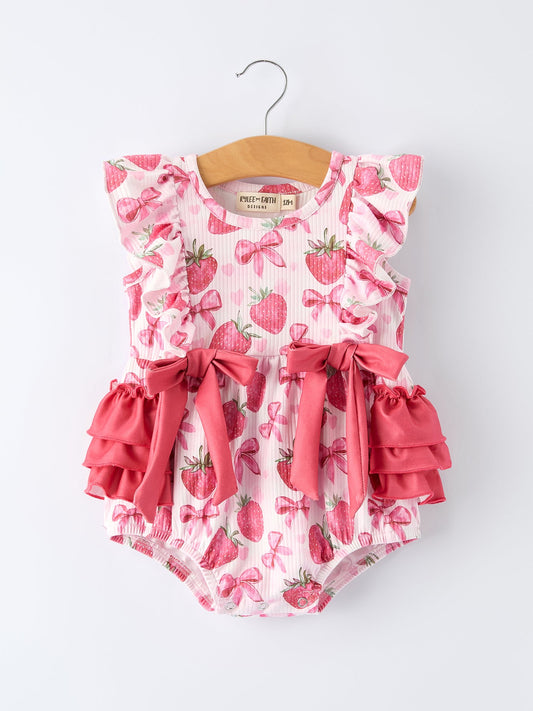 Summer Strawberry Bow Baby Girl Romper