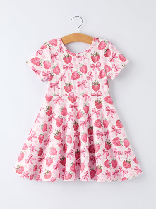 Summer Strawberry Bow Girls Short Sleeve Dress