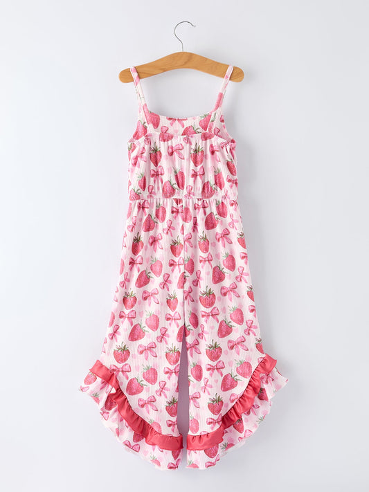 Summer Strawberry Bow Girls Jumpsuit