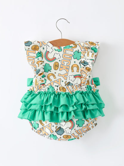 St Patrick's Day Shamrock Bow Baby Girl Romper
