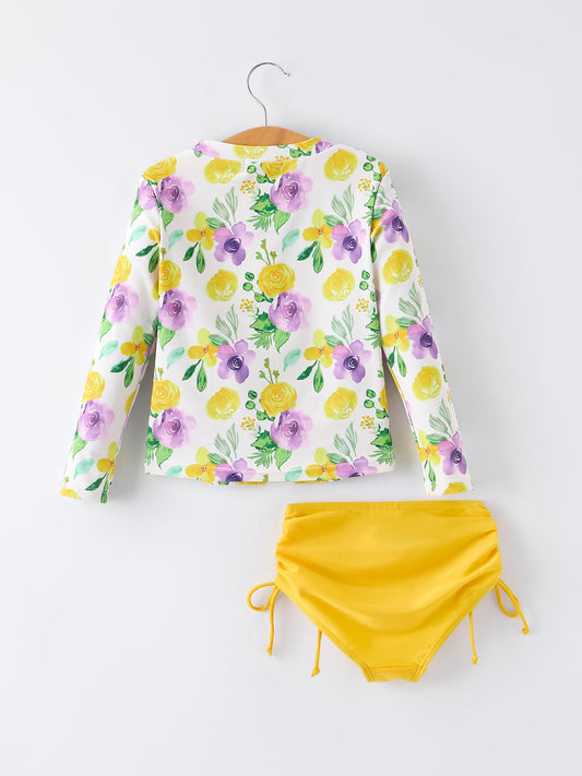 Summer Yellow Floral Print Girls Long Sleeve Swim Set