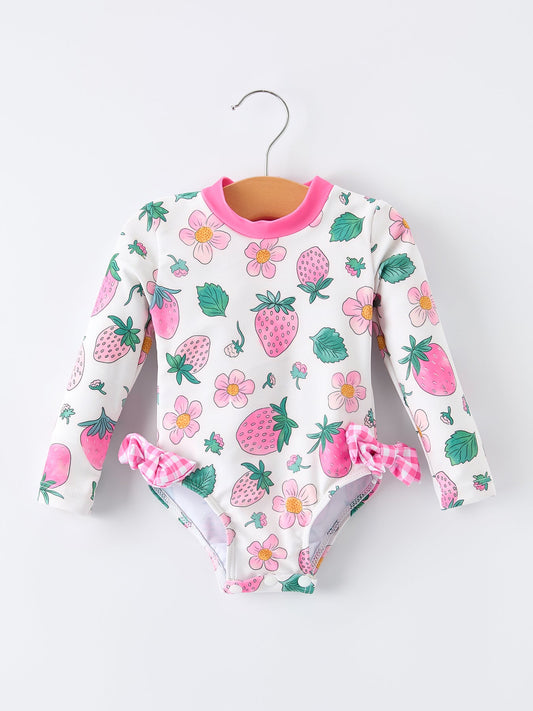 Strawberry Floral Print Long Sleeve Girls One Piece Swimsuit