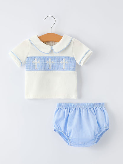 Blue Smocked Church Christ Bishop Christening Baby Boy Bloomer Set