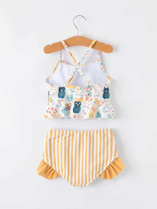 Summer Cat Print Girls Two Piece Swimsuit