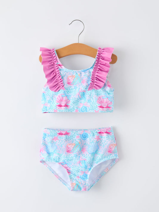 Summer Ocean Print Girls Two Piece Swimsuit