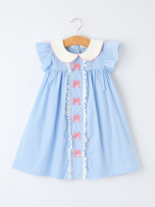 Blue Stripe Girl Dress Petal Peter Pan Collar Bow