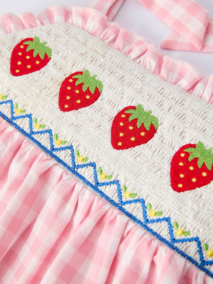 Strawberry Embroidery Girl Dress Bow Strap Ruffle