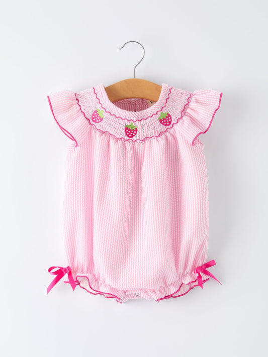 Strawberry Smocked Girl Romper Bow Ruffle