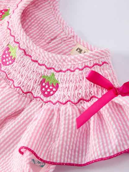 Strawberry Smocked Girl Dress Bow Ruffle