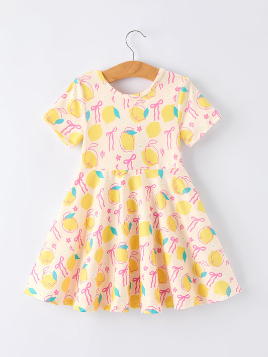 Summer Lemon Bow Print Girl Dress