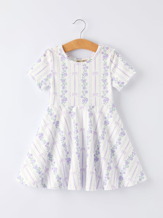 Floral Bow Stripe Print Girl Dress