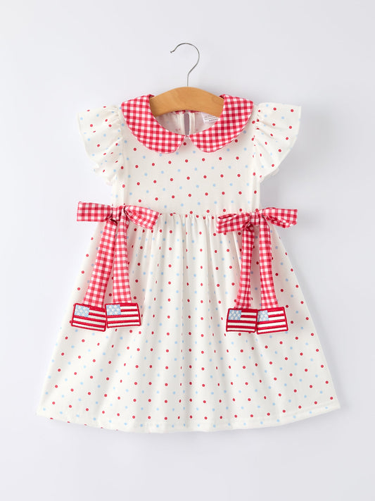 4th of July Dot Girls Dress Bow Ruffle Peter Pan Collar