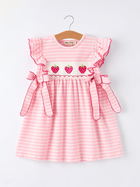 Strawberry Embroidery Pink Stripe Girl Smocked Dress