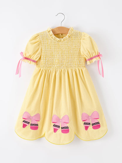 Girls Back To School Pencil Twirl Yellow Dress Bow Applique Smocked