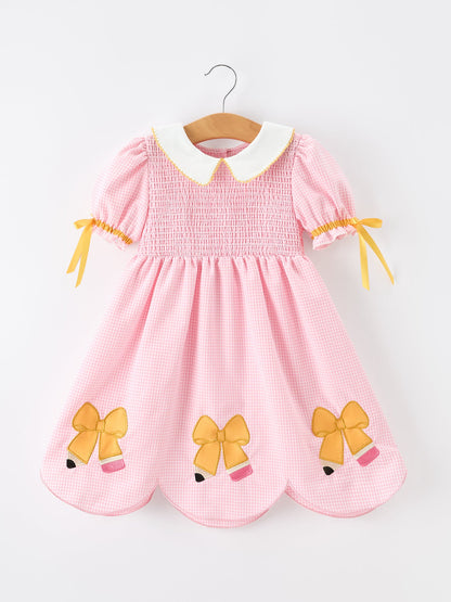 Girls Back To School Pencil Twirl Dress Bow Applique Smocked
