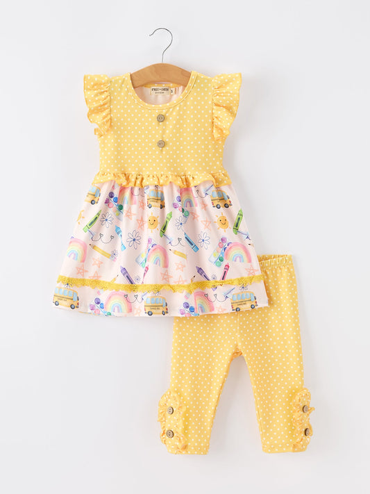 Girls Back To School Rainbow School Bus Ruffle Leggings Set
