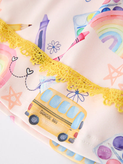Girls Back To School Rainbow School Bus Ruffle Leggings Set