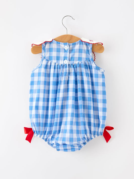 Girls 4th of July Plaid Romper Bow Embroidery Petals Collar