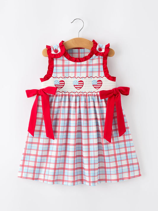4th of July Plaid Flag Heart Girl Dress With Bow